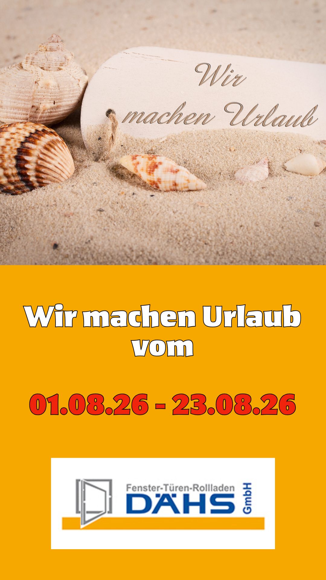 Anzeige mit Sand und Muscheln und Termin für Sommerurlaub
